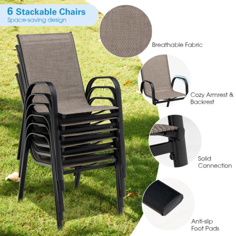 Hivvago 6 Pieces Patio Stackable Dining Chairs with Curved Armrests and Breathable Fabric