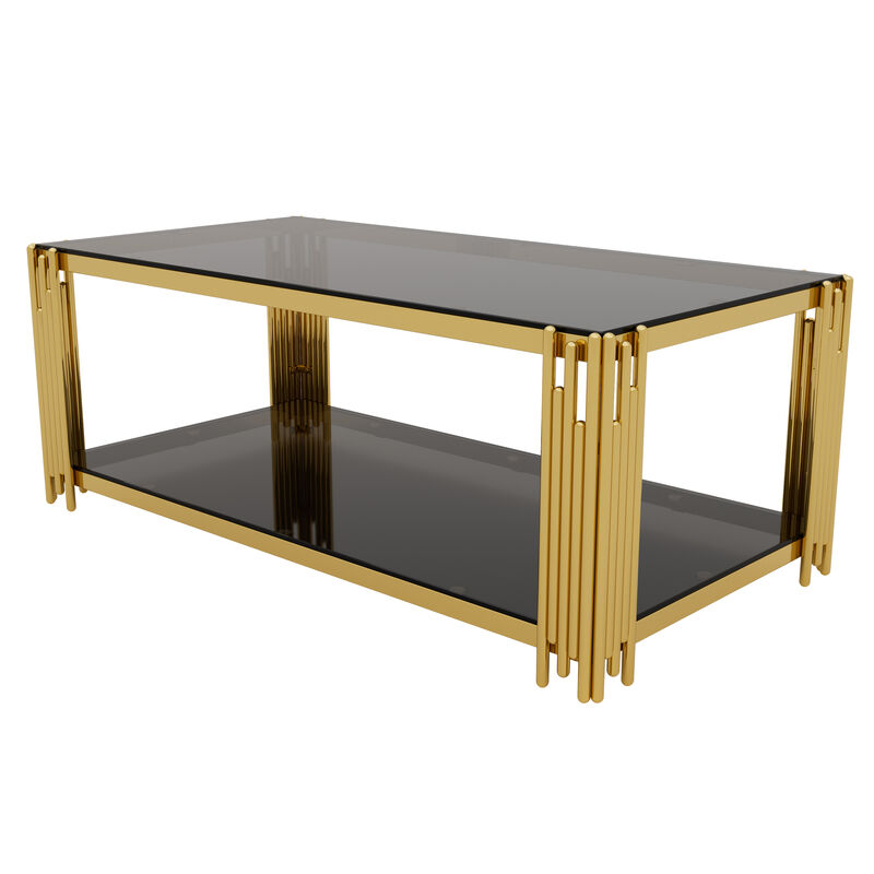 Merax Modern Black Mirror Coffee Table - Gold Asymmetrical Metal Frame with Lower Shelf