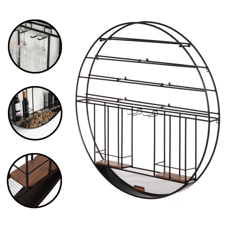 Vintage Decorative Modern Black Metal Round Wall Mounted Wine Display Rack with Cork and Glass Holder