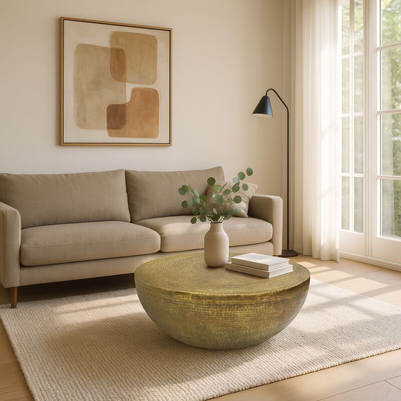 Terminus Coffee Table, 36 Inch Round Bowl Base with Hand Etched Texture, Antique Brass