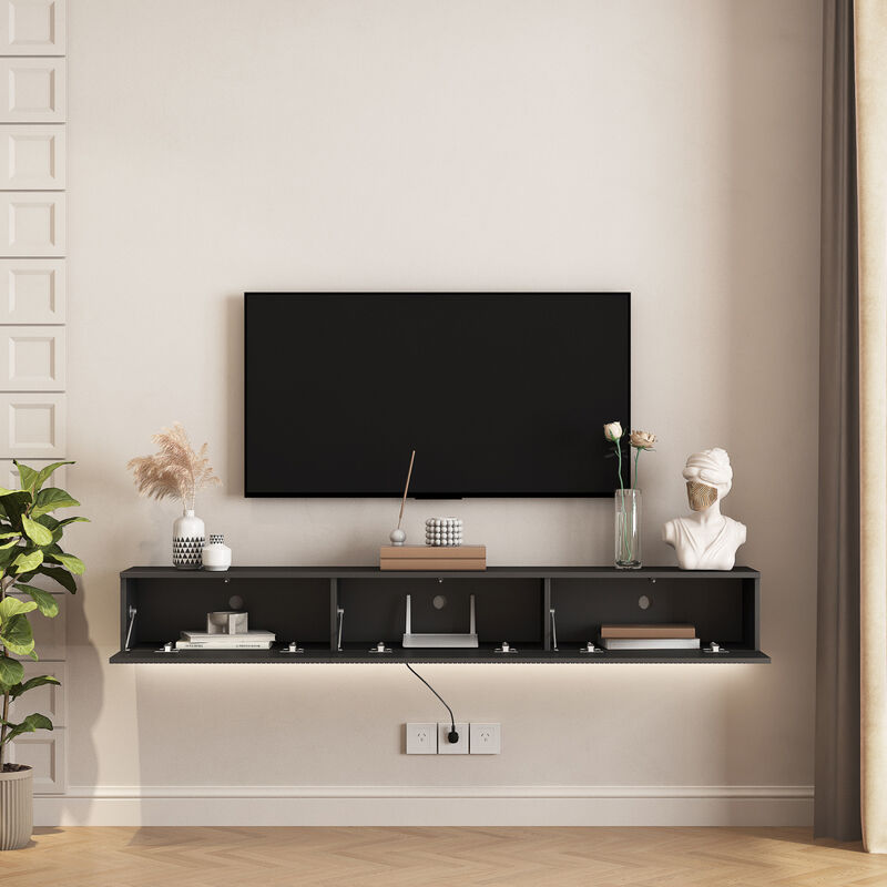 Streamdale Floating TV Stand with 16 LED Lights, 69'' Black TV Cabinet for 55-65'' TVs image number 4