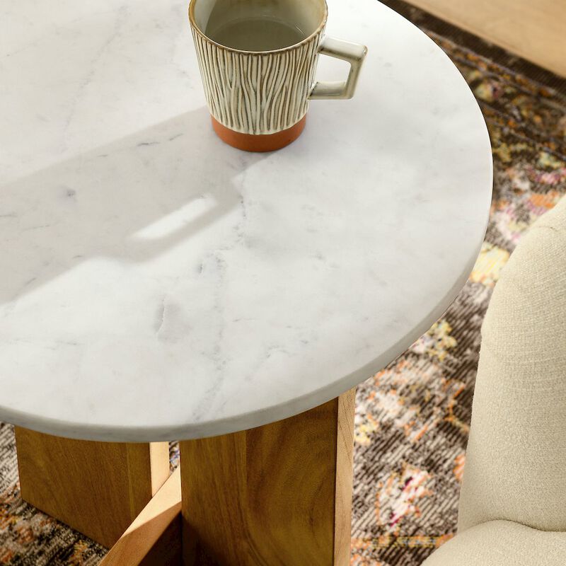 Modway Tarin Marble Top Side Table in Natural - Round Acacia Wood Living Room End Table - Modern Plant Stand or Small Drink Table image number 9