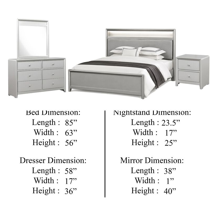 Broy 4pc Queen Bedroom Set w LED Bookcase Headboard, Mirror, Silver image number 4