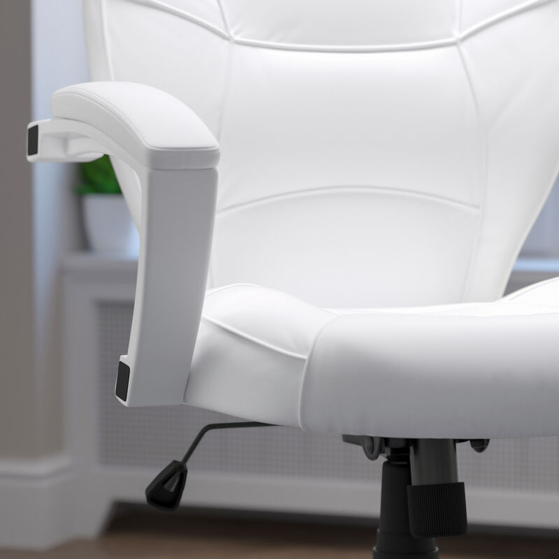 Quincey Mid-Back White LeatherSoft Tapered Back Executive Swivel Office Chair with White Base and Arms image number 3
