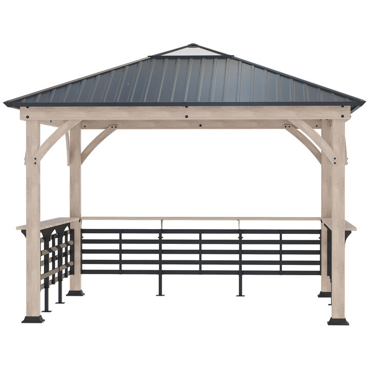 Outsunny 11' x 11' Hardtop Gazebo with Metal & Acrylic Combined Roof, Wood Frame, Permanent Pavilion Grill Gazebo with Bar Counters, Ceiling Hook, for Patio, Garden, Backyard, Deck, Lawn