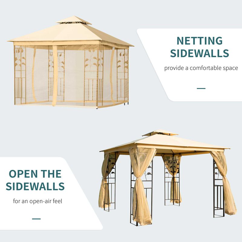 Beige Garden Shelter: 10x10 Steel Frame Gazebo with 2-Tier Roof & Mesh Walls