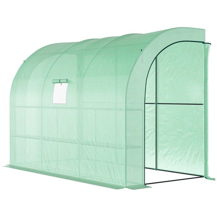 Outsunny 10' x 5' x 7' Lean to Greenhouse, Walk-In Green House, Plant Nursery with 2 Roll-up Doors and Windows, PE Cover and 3 Wire Shelves, Green