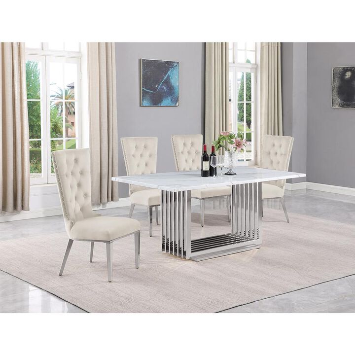 5pc Small(68") marble top dining set with silver base and 4 Cream side chairs