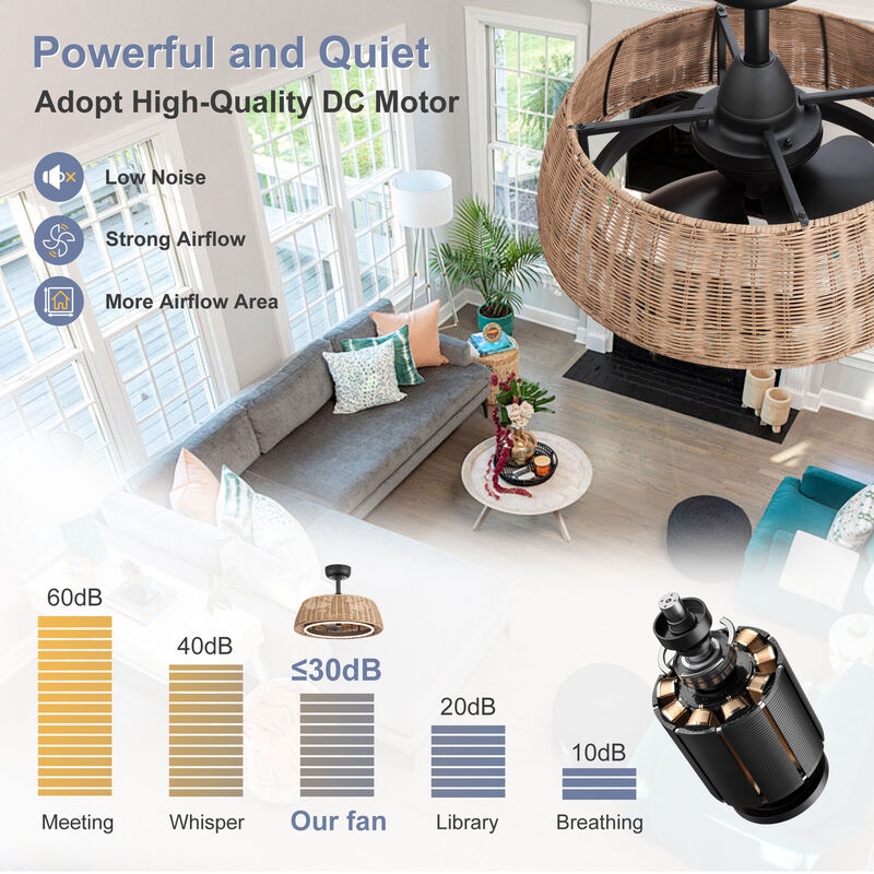 Breezary 20" LED Caged Ceiling Fan with Light, Rattan Fandelier, 6 Speed Remote, Dimmable, 3 Blades image number 4