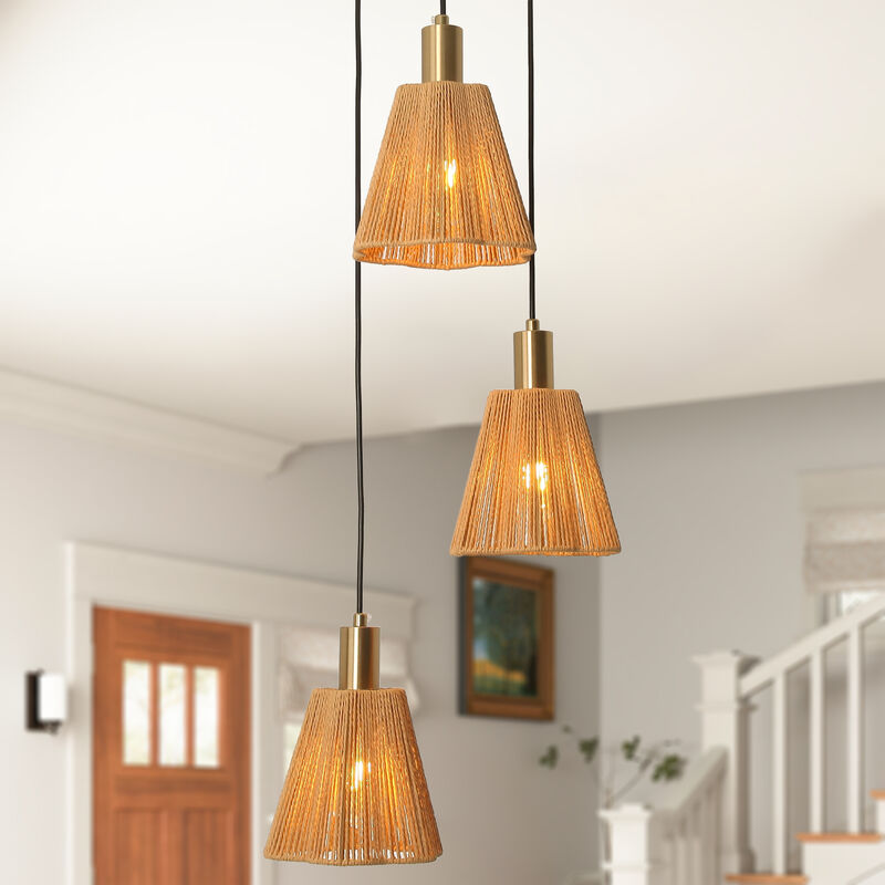 15 in. 3-Light Bohemian Brass Hemp Paper Rope Chandelier