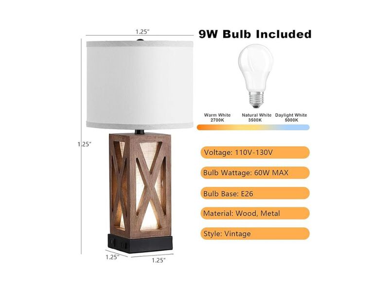 Wood Table Lamp &ndash; Vintage Farmhouse Style with USB-C, AC Outlet, Linen Shade