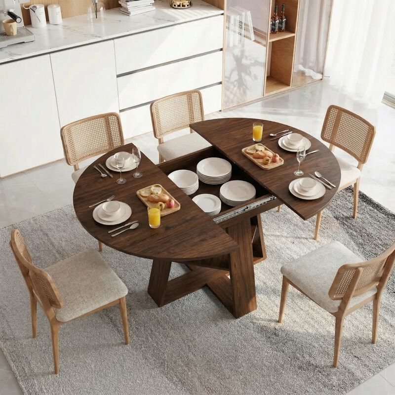 Extendable Round Dining Table for 4-8 People with Storage Shelf image number 7