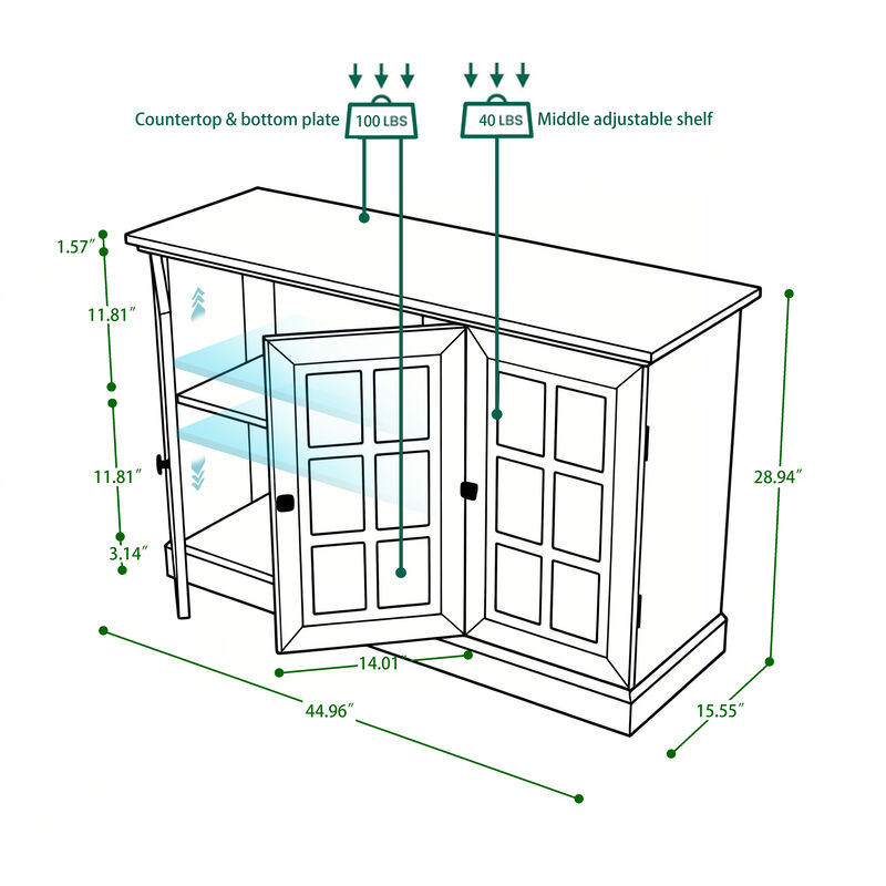 45" Mirrored Acrylic 3-Door Sideboard &ndash; Adjustable Shelf Storage Cabinet Dining Living Kitchen image number 7