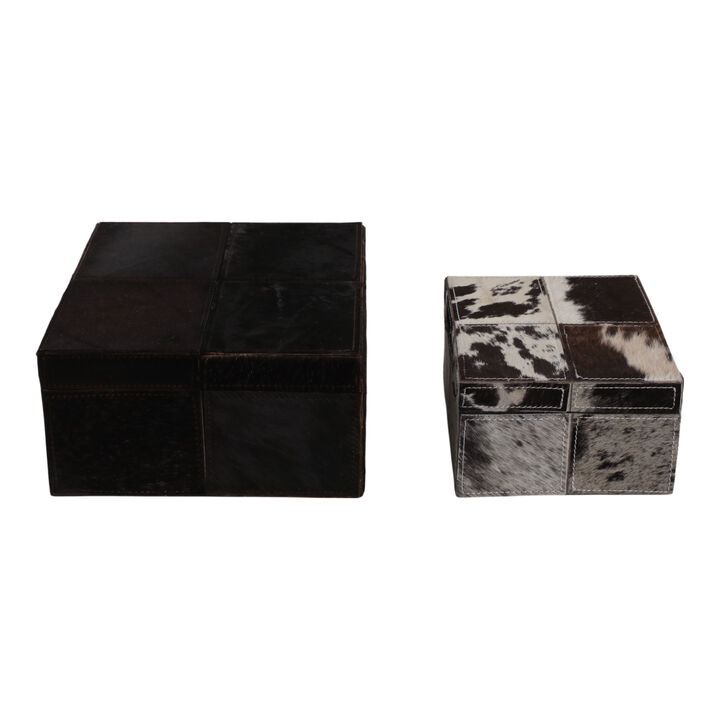 S/2 9/12" Hair On Hide Patchwork Boxes, Ivory/brow