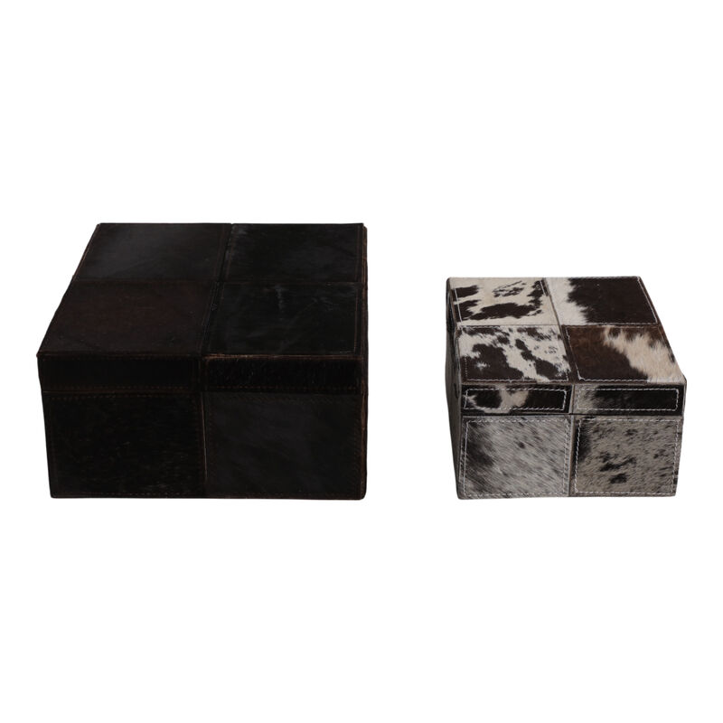 S/2 9/12" Hair On Hide Patchwork Boxes, Ivory/brow image number 1
