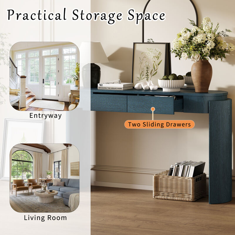 Merax Entryway Table with Natural Wood Grain Finish, Console Table with Fluted Design, Oval Top and 2 Drawers