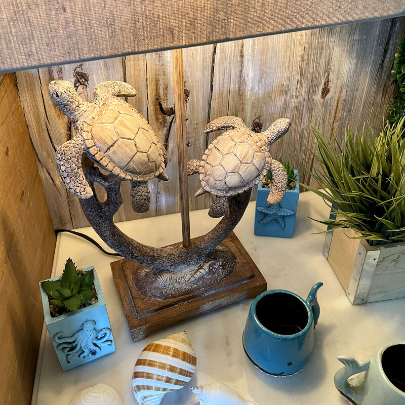 Set of 2 Double Sea Turtle Table Lamps Coastal Nautical Resin 27.75" w/Shades image number 8