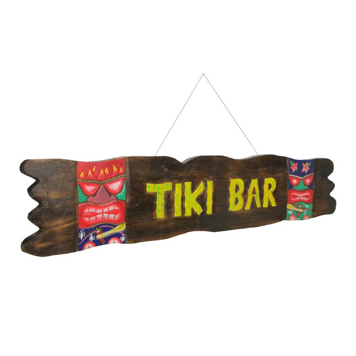 39-Inch Hand-Carved Wooden Tiki Sign With Rope Hanger, Beachy Decor