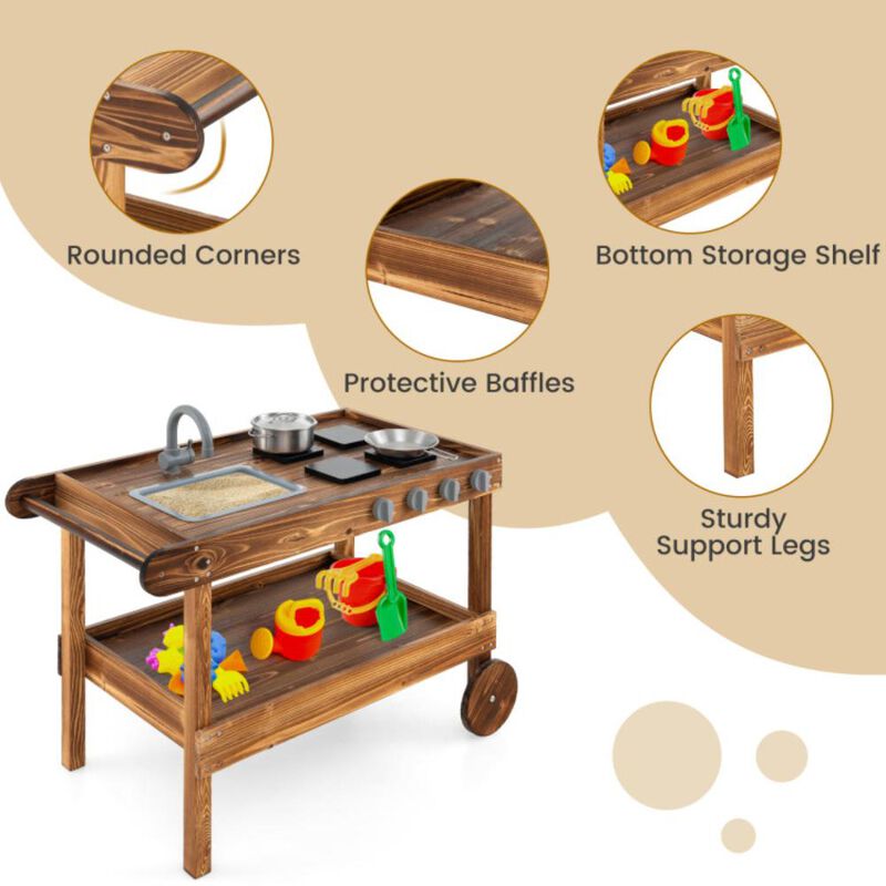 Hivvago Outdoor Movable Mud Kitchen with 2 Rolling Wheels and 1 Push Handle
