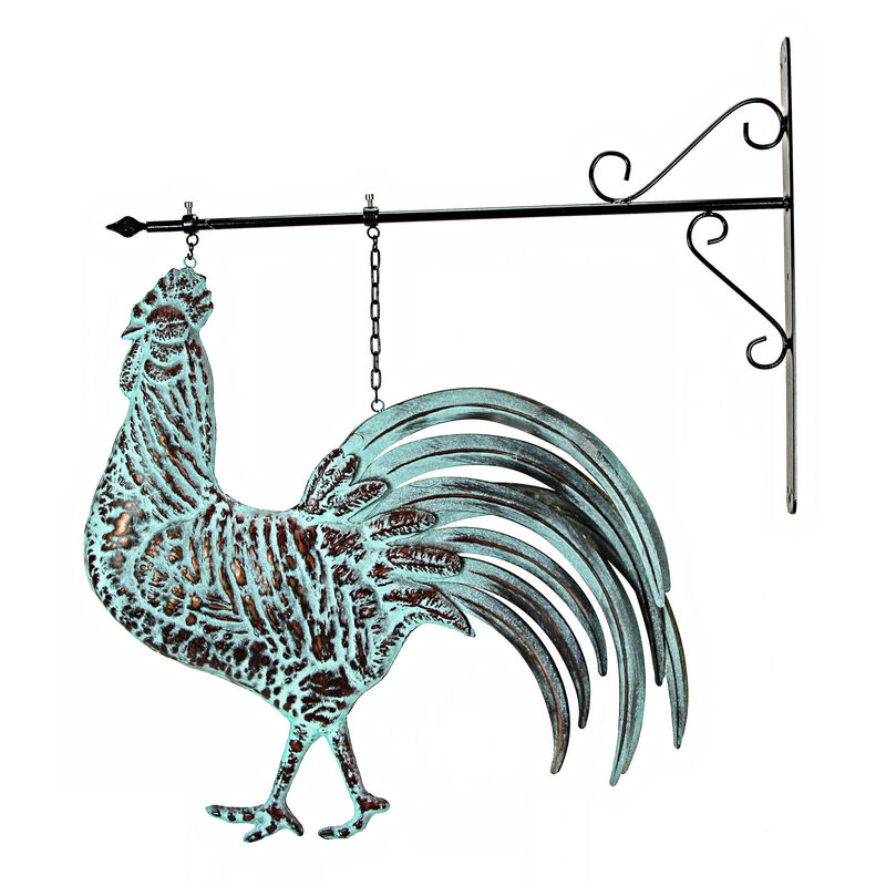 33.5 inch Verdigris Rooster Hanging Metal Wall Sculpture with Wall Bracket image number 0