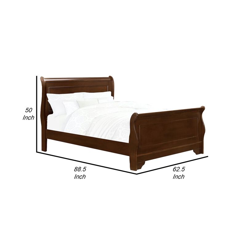 Transitional Queen Sleigh Style Bed, Dark Wood Frame, Cherry Brown Finish - Benzara
