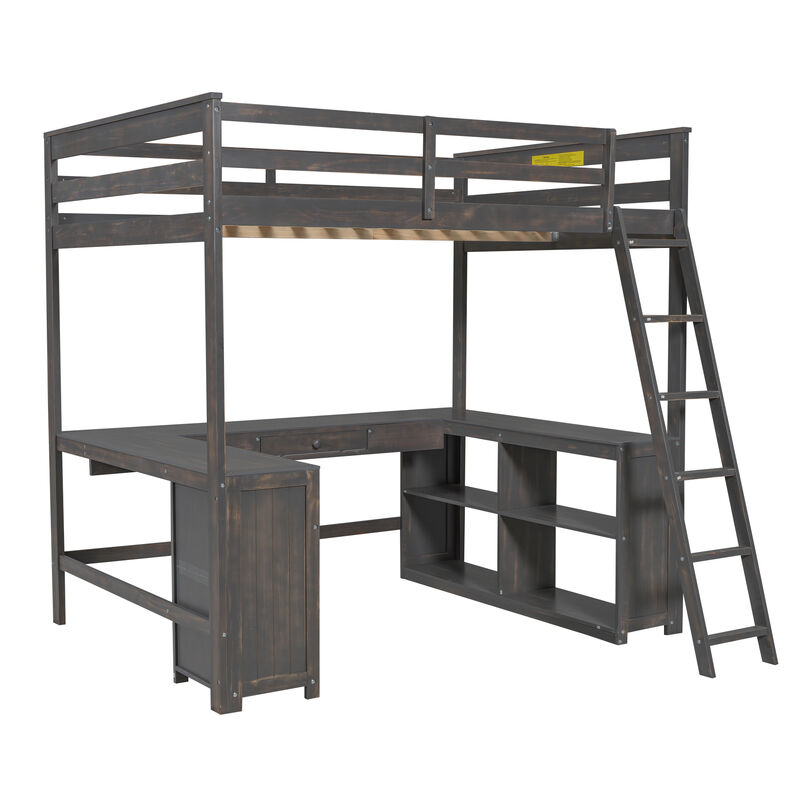 Whisen Elegant Design Full Size Loft Bed with Desk, Drawers and Storage Shelves