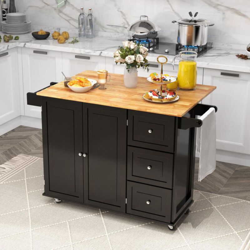 Hivvago Kitchen Wood Island Trolley Cart with Drop-Leaf Tabletop and Storage Cabinet