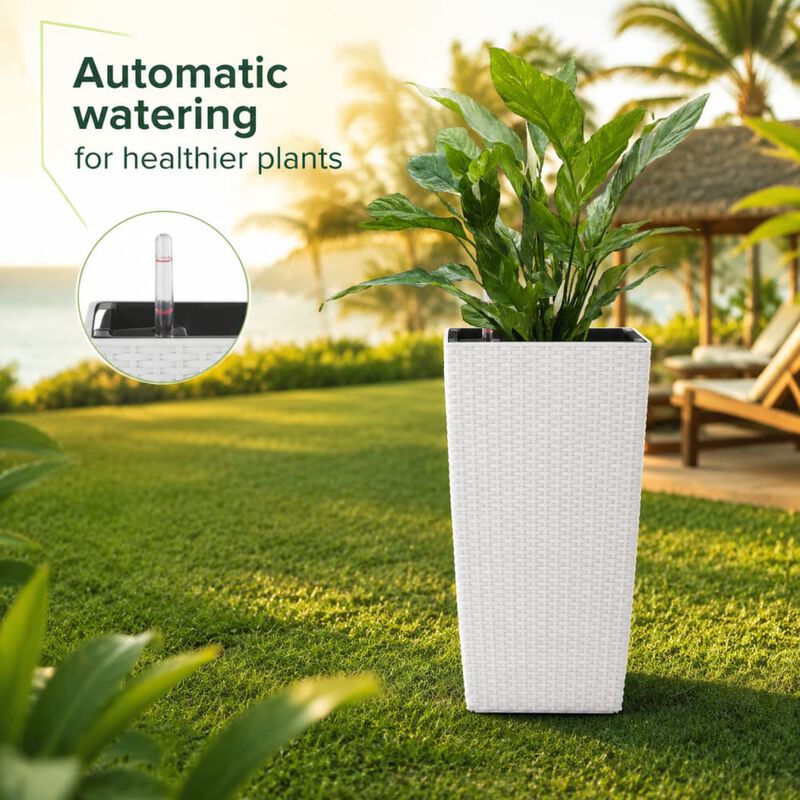 WOW PIONEER Modern Faux Rattan Large Square Indoor/Outdoor Planters with Auto Watering System for Home Garden Patio Yard (2 Pack) image number 4