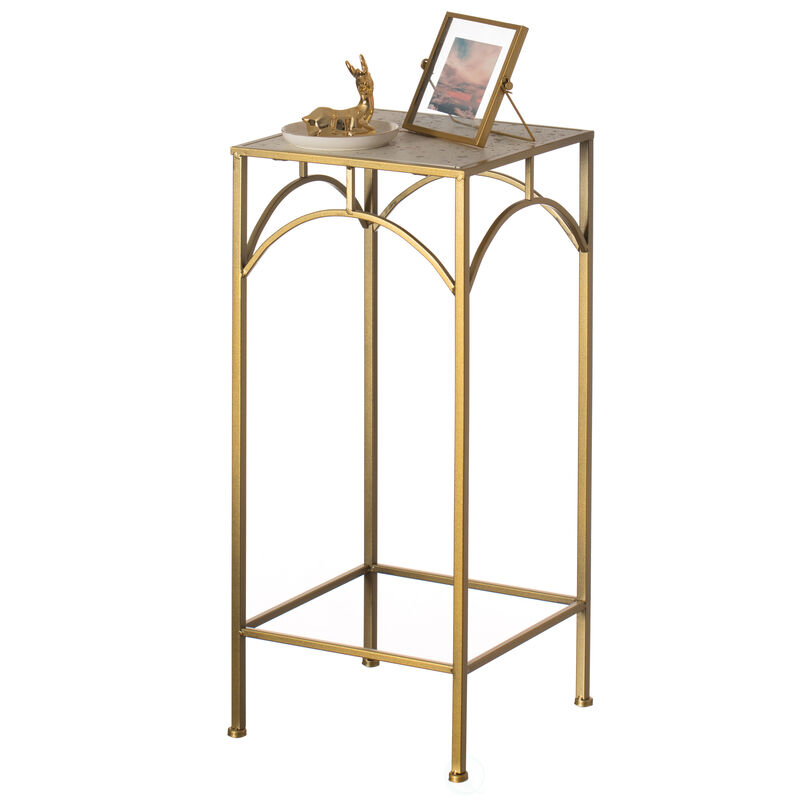 Decorative Gold Metal Square Plant Stand, Modern White Marble Look Top Display End Side Table, Set of 3