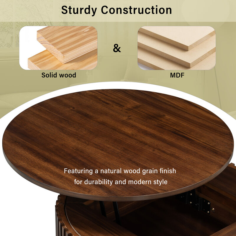 Merax Height-Adjustable Round Coffee Table with Smooth Lift Mechanism, Concealed Storage image number 5
