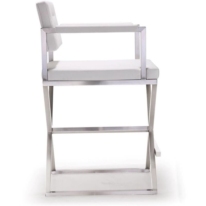 Tov Furniture The Director Collection Stainless Steel Metal Leather Upholstered Industrial Modern Counter Stool with Back & Arms, White image number 3