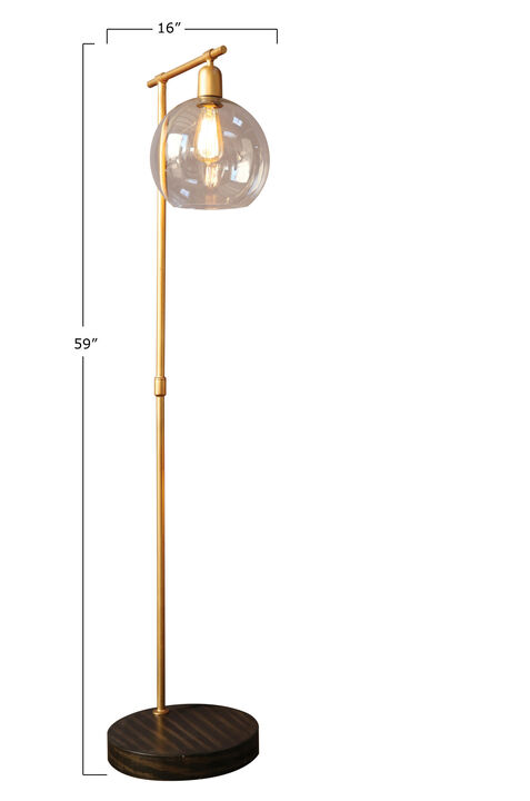 Metal Floor Lamp with Glass Globe Shade, Antique Brass and Wood