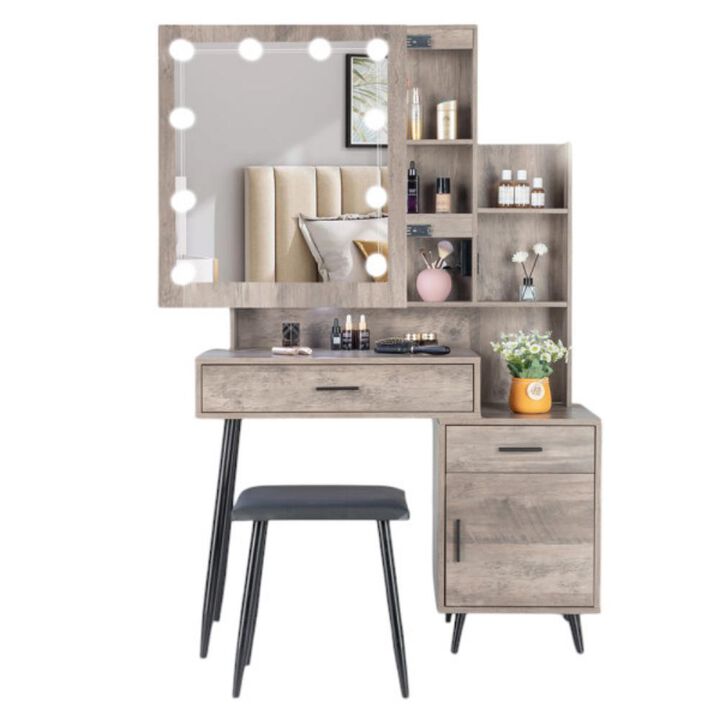 Vanity Set with Mirror, Lights, 2 Drawers, 1 Door & Storage Shelves