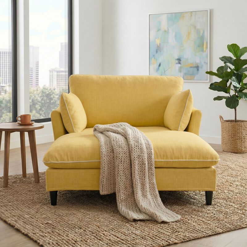 Merax Chenille Chaise Lounge with Contrast White Piping & Curved Armrest image number 1