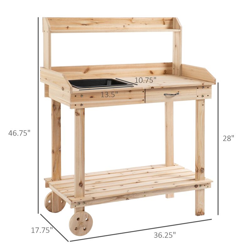 Hivvago 36" Wooden Potting Bench with Wheels, Sink, and Storage image number 2