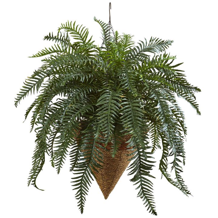 Nearly Natural 33-in Giant River Fern with Cone Hanging Basket