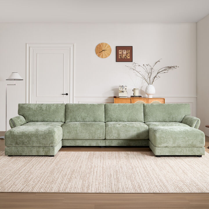 Whisen 142" U-Shape Sectional Sofa with Charging Ports, Petal Armrest, and Free Ottoman