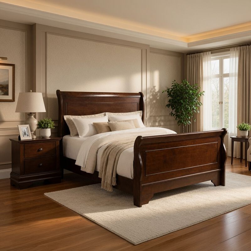 Queen Bedroom Set, Brown Wood, 2 Piece Set with Nightstand image number 1