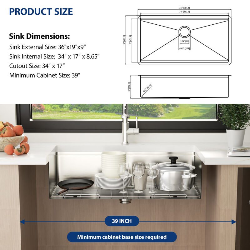 36 in. Undermount Single Bowl 16-Gauge Stainless Steel Workstation Kitchen Sink with Bottom Grid and Strainer image number 6