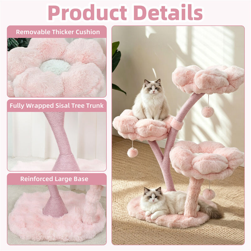 3-Tier Flower Cat Tree Pink Modern Cat Tower 41" Height Scratching Post Activity image number 5