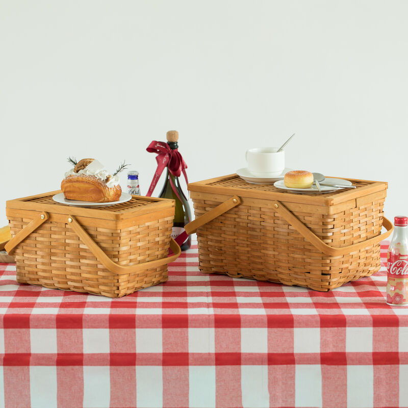 Woodchip Picnic Storage Basket with Cover and Movable Handles, Set of 2