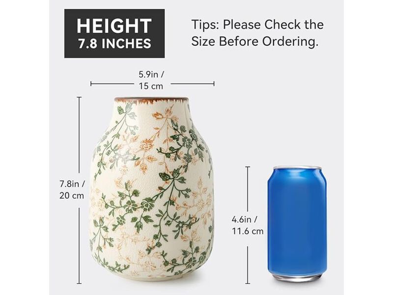 7.8" Green & Beige Ceramic Vase &ndash; Vintage Chinoiserie Rustic Centerpiece image number 2