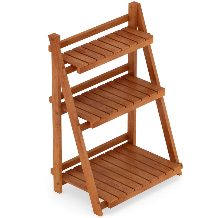Solid Wood 3-Tier Foldable Plant Stand for Outdoor Patio and Balcony