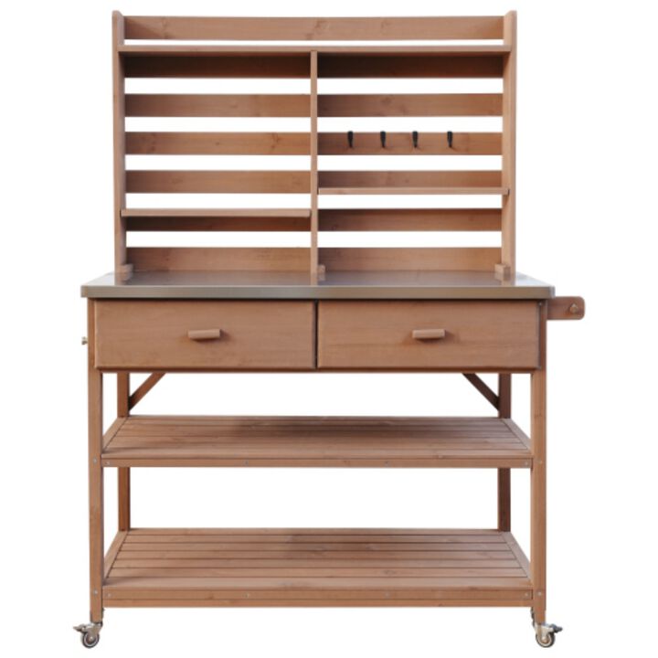 Whisen Outdoor Potting Table with Stainless Steel Top, Upper Hutch, and Lockable Wheels