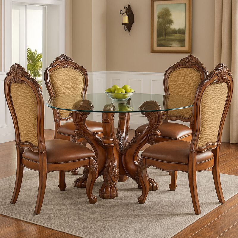 Imperial Dining Table with Pedestal, Cherry Oak Brown - Benzara