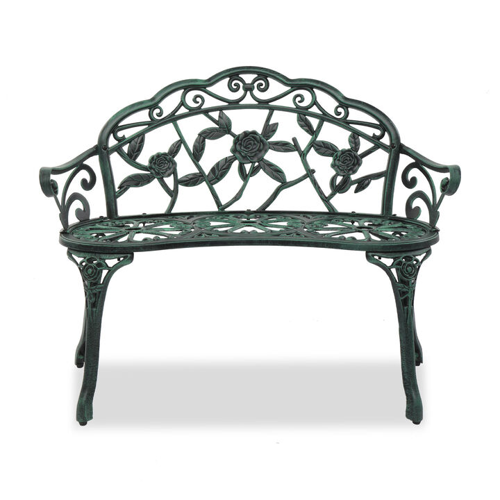 Outdoor Cast Aluminum Patio Bench with Rose Pattern and Curved Legs