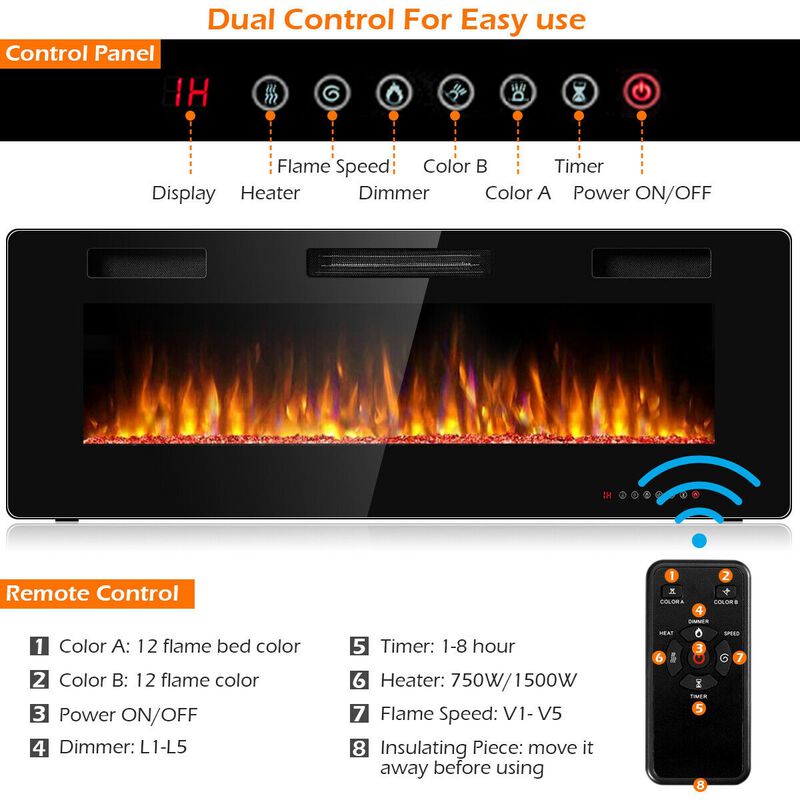 50 Inch Recessed Ultra Thin Electric Fireplace with Timer
