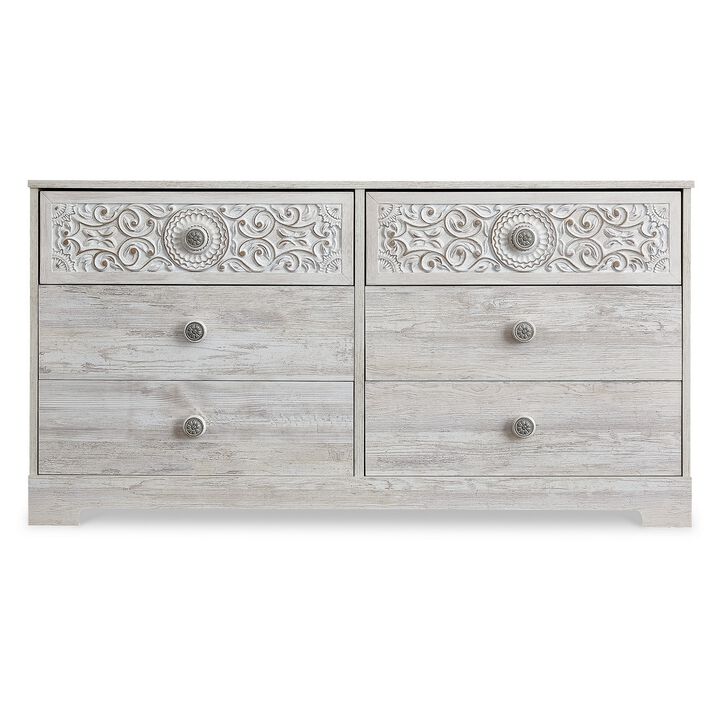 59 Inch Dresser, 6 Drawers, Medallion Design Front, Whitewashed MDF Frame