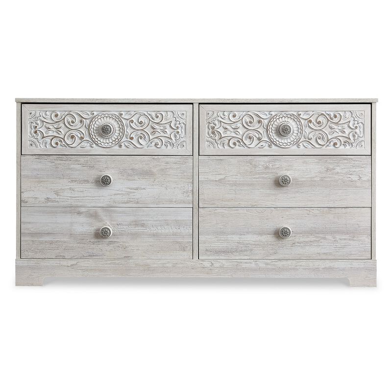 59 Inch Dresser, 6 Drawers, Medallion Design Front, Whitewashed MDF Frame