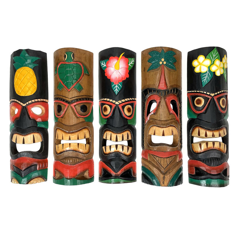 Set of 5 Colorful Tropical Polynesian Style Wooden Tiki Wall Masks 20 Inch image number 0